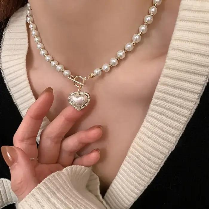 Blanc Imitation Perle Collier Femmes Cristal Pierre Coeur Pendentif Mignon Fille Bijoux