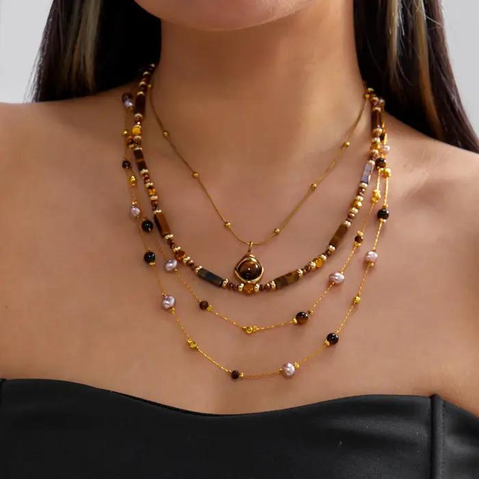 Ensemble de colliers superposés en imitation perle œil de tigre Maillard pour femmes, 3 pièces, chaîne en acier inoxydable perlée, bijoux élégants vintage, cadeau