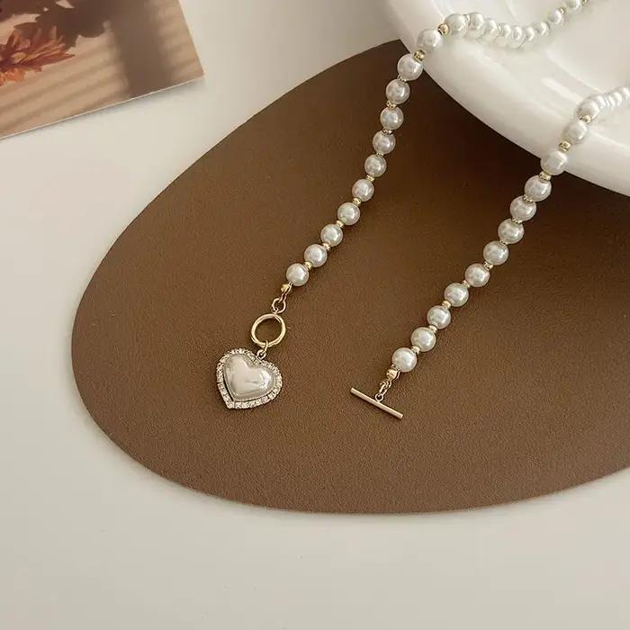 Blanc Imitation Perle Collier Femmes Cristal Pierre Coeur Pendentif Mignon Fille Bijoux