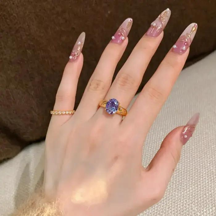 Nouvelle bague en or 18 carats plaqué diamant violet de style chinois (Zi Ji Dong Lai) - Accessoire de bijouterie simple pour femme