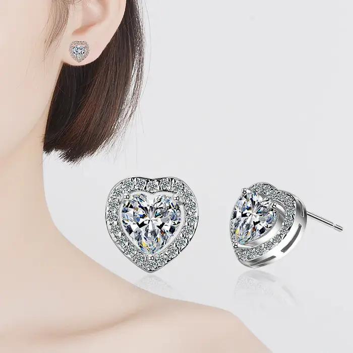 Boucles d'oreilles en argent 925 avec zircone en forme de cœur pour femmes et enfants