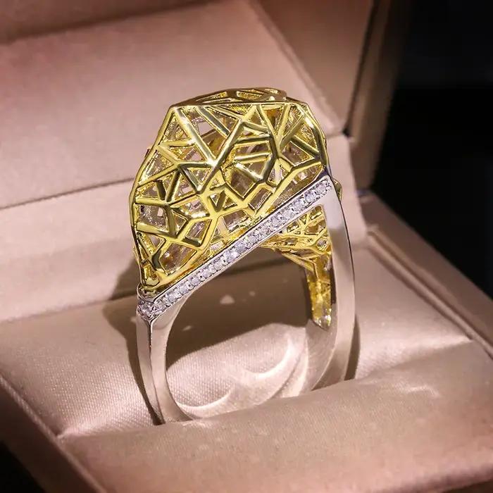 Bague de fiançailles géométrique exagérée pour femmes, bijoux à la mode, couleur or et argent, grand