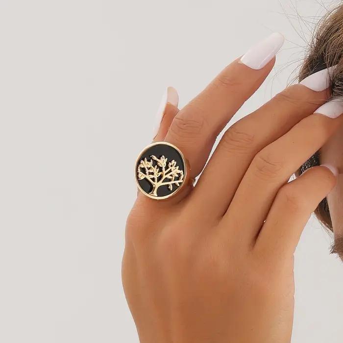 Ensemble de bagues réglables Arbre de Vie en métal noir imitation nacre, bijoux pour femme de qualité supérieure, style doux, cool et audacieux