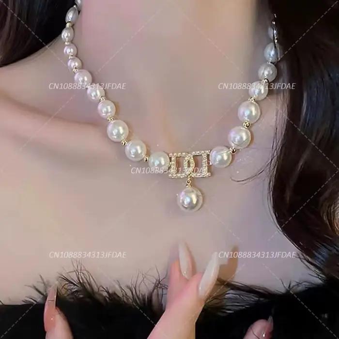 Grand pendentif élégant pour femmes, chaîne de perles, ras du cou, chaîne de clavicule, bijoux pour