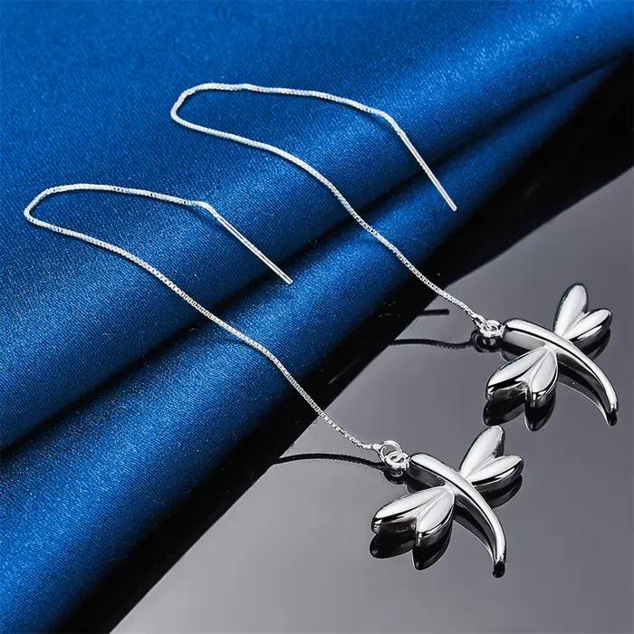 Boucles d'oreilles longues en argent sterling 925 avec motif libellule, charmantes et exquises, pour femmes, bijoux élégants pour cadeau de mariage