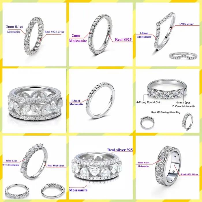 Bague de mariage en argent sterling 925 avec moissanite blanche ronde solide de 2 mm et 3 mm