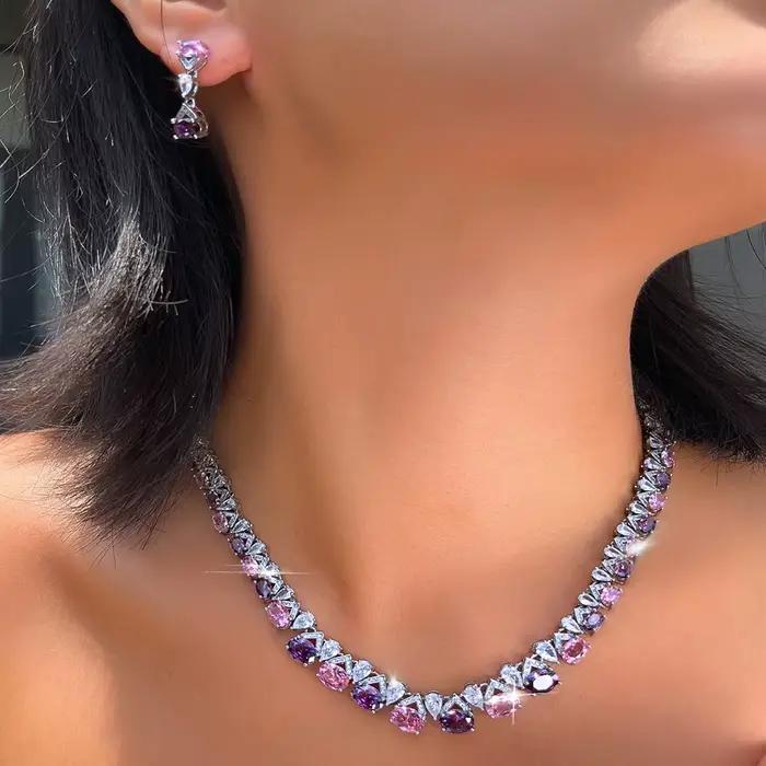 Pera – collier ovale de luxe en zircone rose et violette, boucles d'oreilles brillantes pour femmes, ensemble de bijoux pour mariage, banquet, soirée, J088