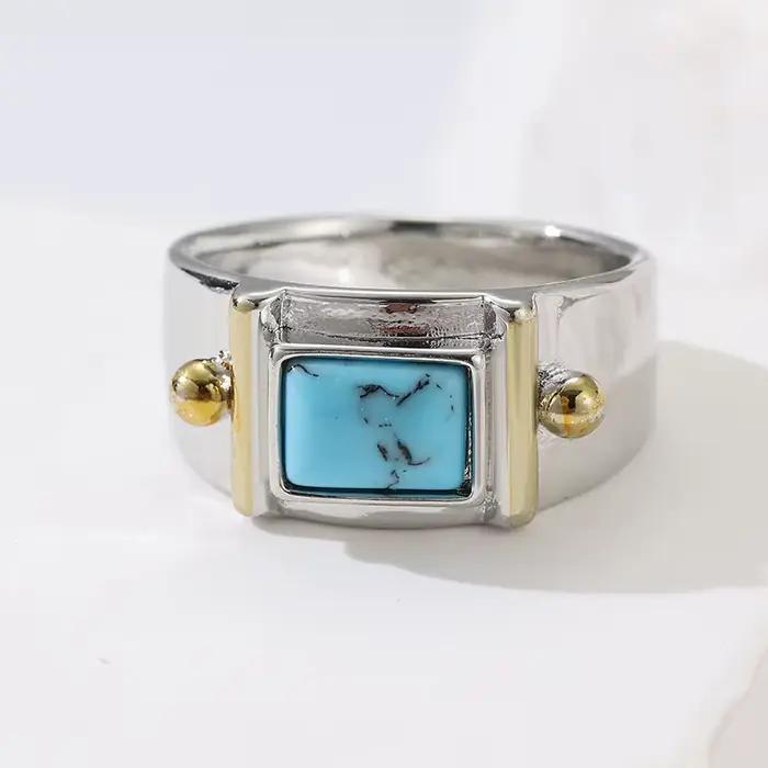 Bague élégante pour femme, bicolore, incrustée de turquoise artificielle carrée, idéale pour banquets, mariages et fiançailles, bijoux artisanaux