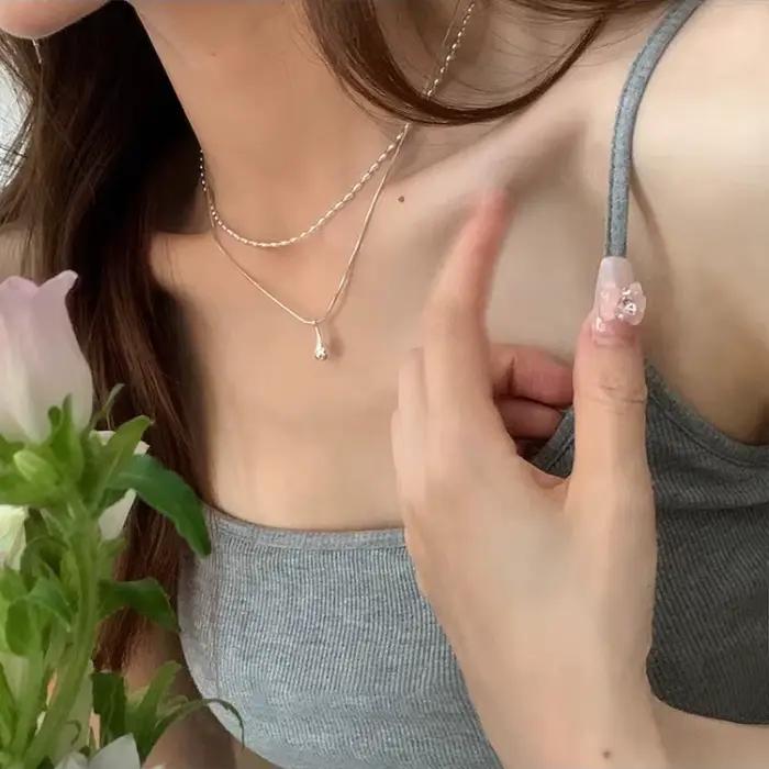 Collier avec pendentif goutte en argent Sterling 925 pour femmes, Design Simple, Double chaîne, bijo