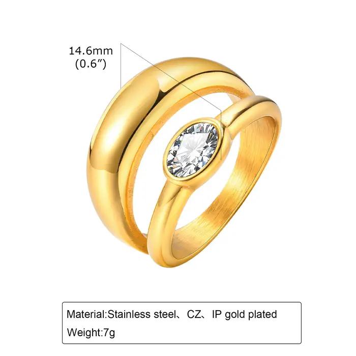 Bague épaisse double couche en acier inoxydable plaquée or avec zirconium pour femmes occasions spéciales elegance festive