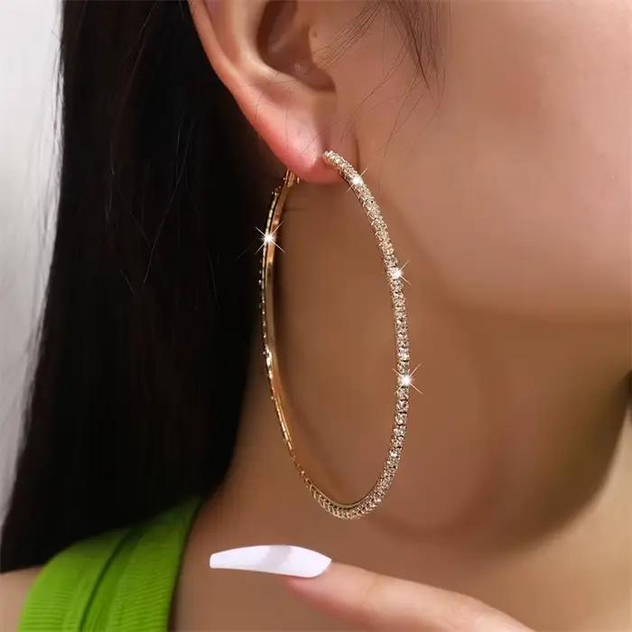 2025 nouvelle mode Style exagéré brillant cristal Rhin femmes grandes boucles d'oreilles rondes exqu