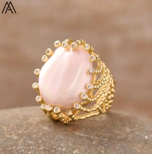 Bague de fiançailles en perle naturelle plaquée or, bande réglable, ensemble de zircone tendance, bi