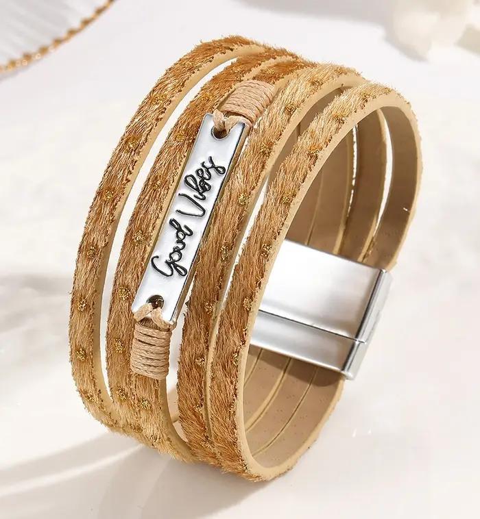Fille Bracelets lettre cristaux fer multicouche large bord Bracelet en cuir bohème femmes mode lumière luxe charme bijoux