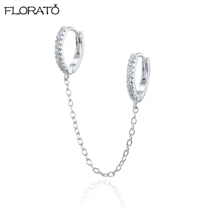 1 pièces Double cerceau boucle d'oreille avec chaîne 925 en argent Sterling oreille aiguille cristal Huggie boucles