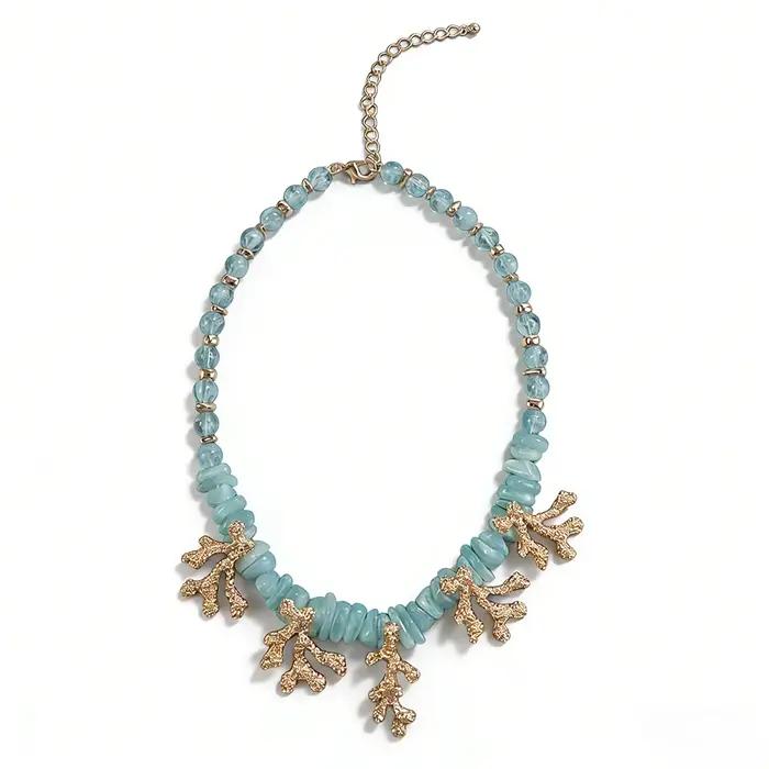 Collier Bohème Nautique Coquillage Corail Perles Aqua Élégant pour Femmes Occasions Spéciales Brunchs Rendez-vous