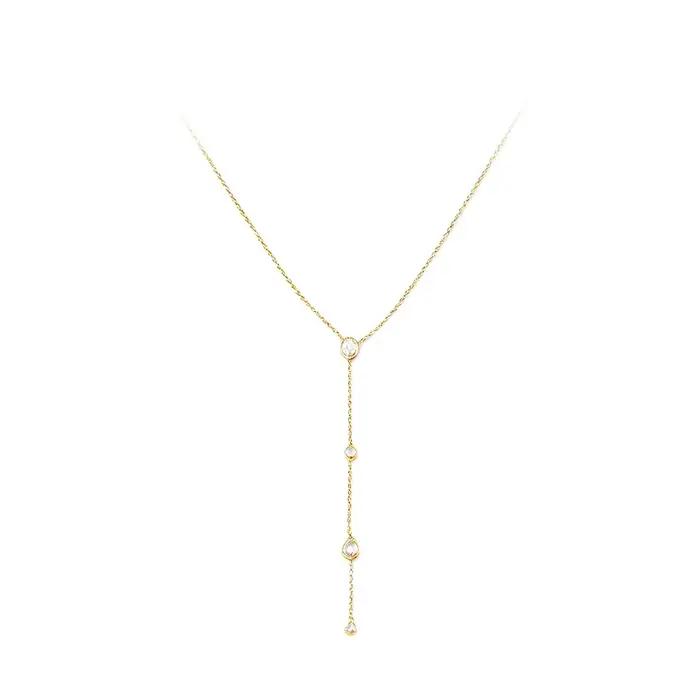 JeeMango – collier élégant en forme de Y pour femmes, chaîne longue en acier inoxydable, pendentif goutte d'eau en Zircon, bijoux N26033