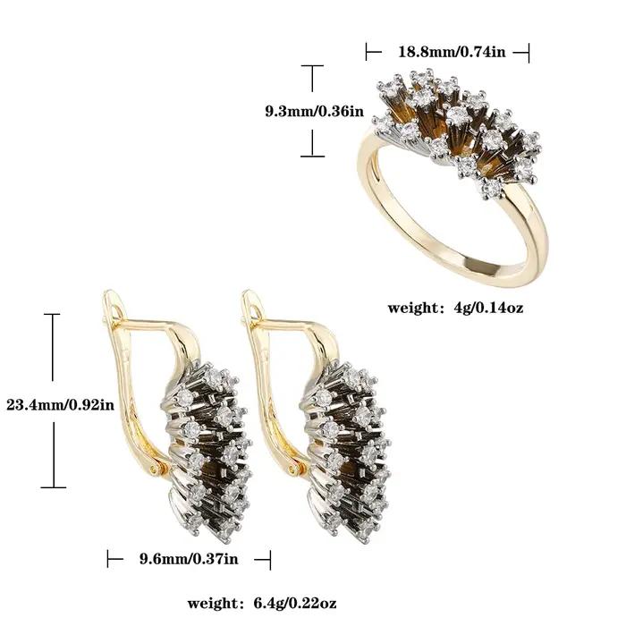 Ensemble de boucles d'oreilles et bagues en diamants à rangées radiales en forme d'éventail bijoux rétro bicolores pour femmes occasions spéciales