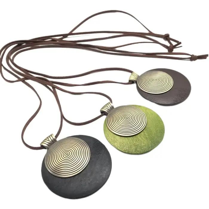 Collier long en coton et lin de style ethnique vintage pour femme, bague en bois simple, collier en