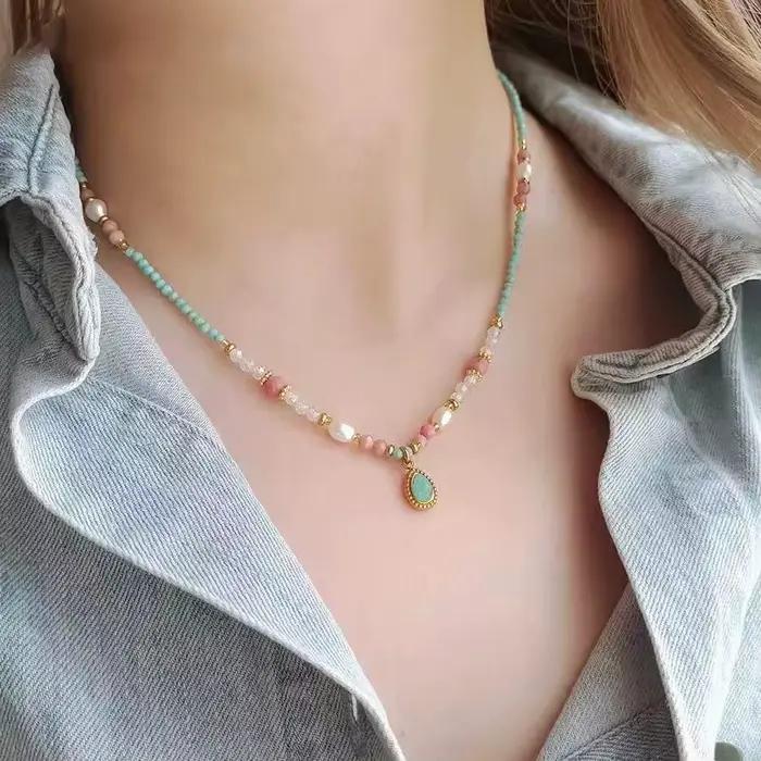 Chaîne de perles en pierre naturelle, pendentif gouttelette d'eau, bijoux à la mode pour femmes, accessoires de chaîne de clavicule Sexy, 2025