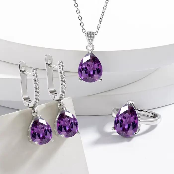 Ensemble de bijoux en argent 925 pour femmes, bague, boucles d'oreilles, collier, accessoires de fia