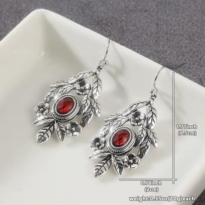 Boucles d'oreilles pendantes en forme de feuille argentée, style gothique vintage, avec zircone synthétique rouge, élégantes et délicates, pour femme, idéales pour les banquets et les célébrations, ca