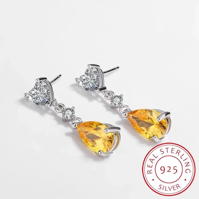 Boucles d'oreilles en topaze en forme de cœur en argent véritable S925, design de niche, pendentif en forme de goutte, bijoux de tempérament polyvalents