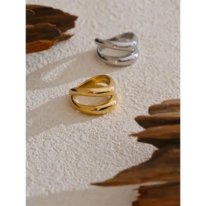 Bague géométrique double couche en métal acier inoxydable or PVD pour femmes soirée style mode occasions spéciales