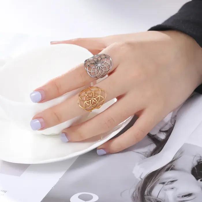 Bague Sacrée Fleur de Vie acier inoxydable plaqué or or rose pour femmes occasions spéciales mariage anniversaire engagement