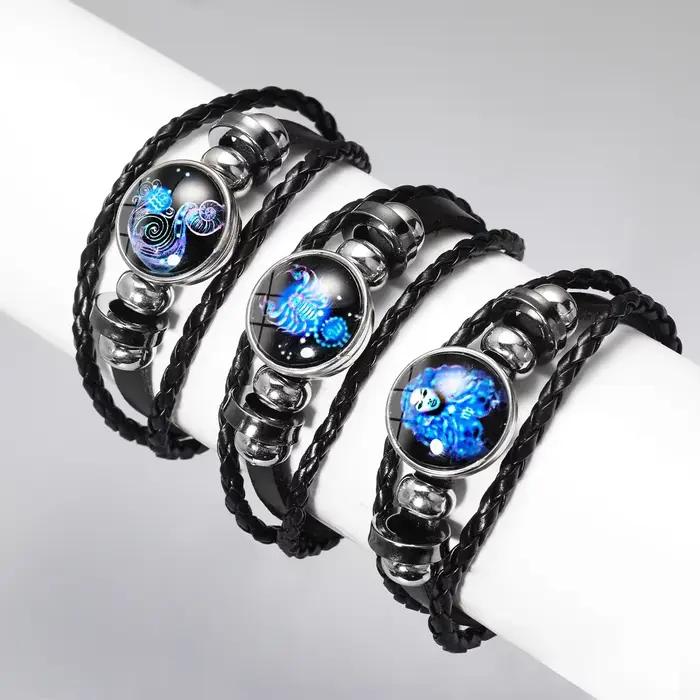Bracelet Lumineux Signes du Zodiaque 12 Constellations Homme Femme Vintage Multicouche en Cuir Enroulé Cadeau Pulsera Hombre