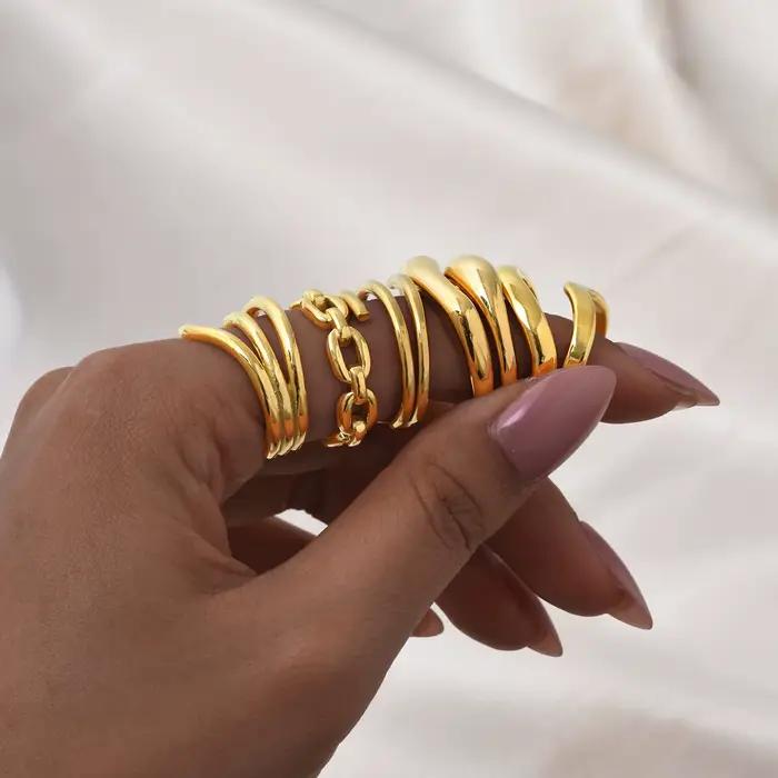 Bague épaisse Double couche pour femmes, acier inoxydable plaqué or, bague radiale à bande de déclaration hautement polie