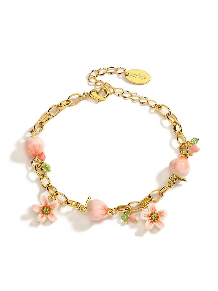JUICY GRAPE-Bracelet Délicat pour Femme, Pêche à l'Eau et Fleurs, Bijoux Fins Réglables, Design en Émail Fait à la Main, Cadeau Parfait
