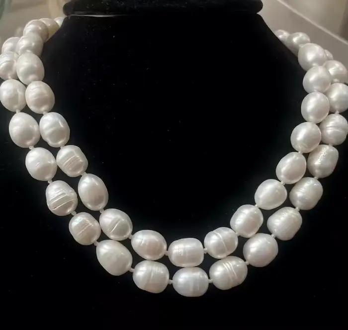 Nouveau collier de bijoux grand 2 rangées 10-12mm riz Baroque blanc collier de perles de culture d'eau douce 18-19"