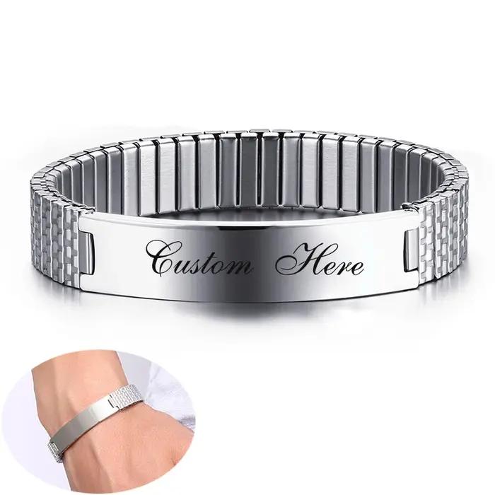 Hommes femmes personnaliser graver nom Image Bracelet extensible avec bande élastique en acier inoxydable bracelets personnalisés bijoux unisexe