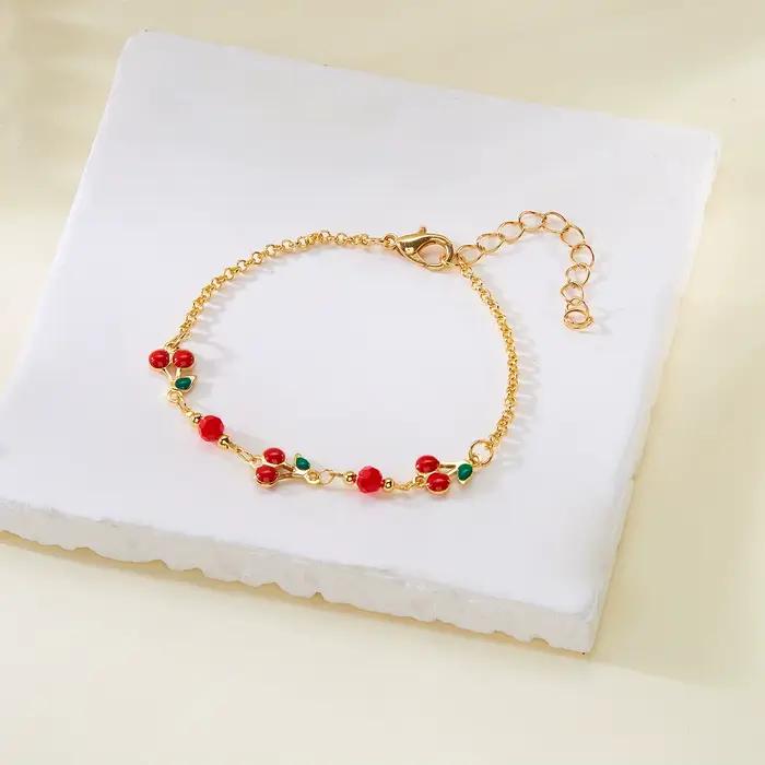 Doux mignon rouge fraise cerise coeur perle bracelet à breloques nouvelle mode Y2K fruits couleur or