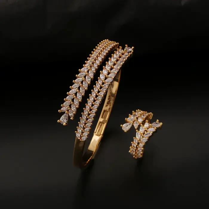 Ensemble bague et bracelet hypoallergénique en or avec zircon marquise, bracelet manchette ajustable