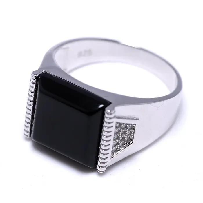 Argent massif 925 hommes anneaux minimaliste turc anneaux pour hommes noir carré pierre naturelle turquie mâle bijoux Bague Homme