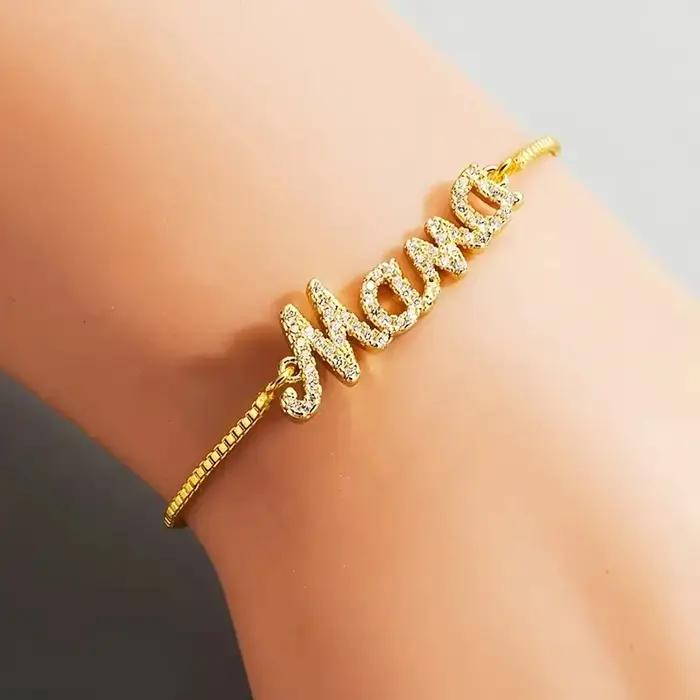 Bracelet lettre Mama avec cristaux étincelants de Rotterdam réglable pour femme cadeau d'anniversaire fête des mères bijou personnalisé colonne vertébrale