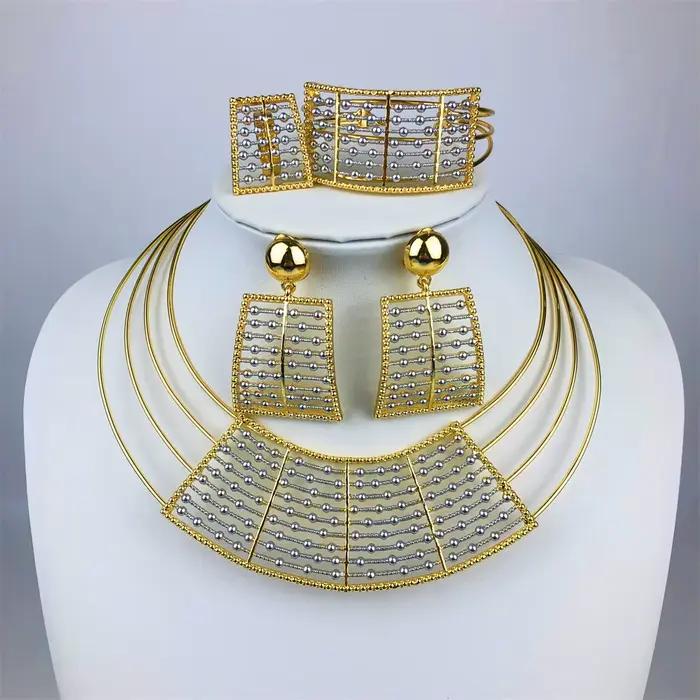 Ensemble de bijoux géométriques deux tons pour femmes, 4 pièces, collier épais, boucles d'oreilles,