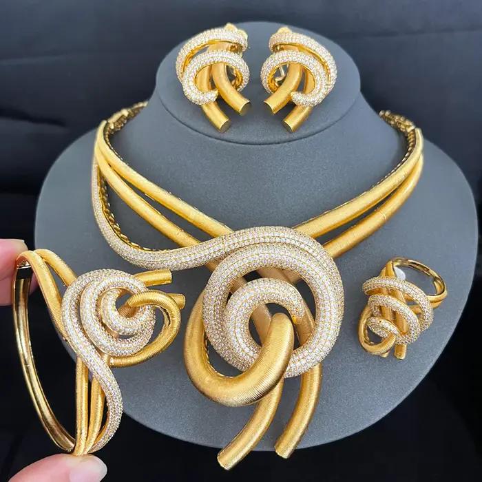 Ensemble de bijoux GODKI élégant en spirale, 4 pièces, plaqué or 18 carats, pour femmes, mariage, fête, zircon, bijoux de mariée indiens africains