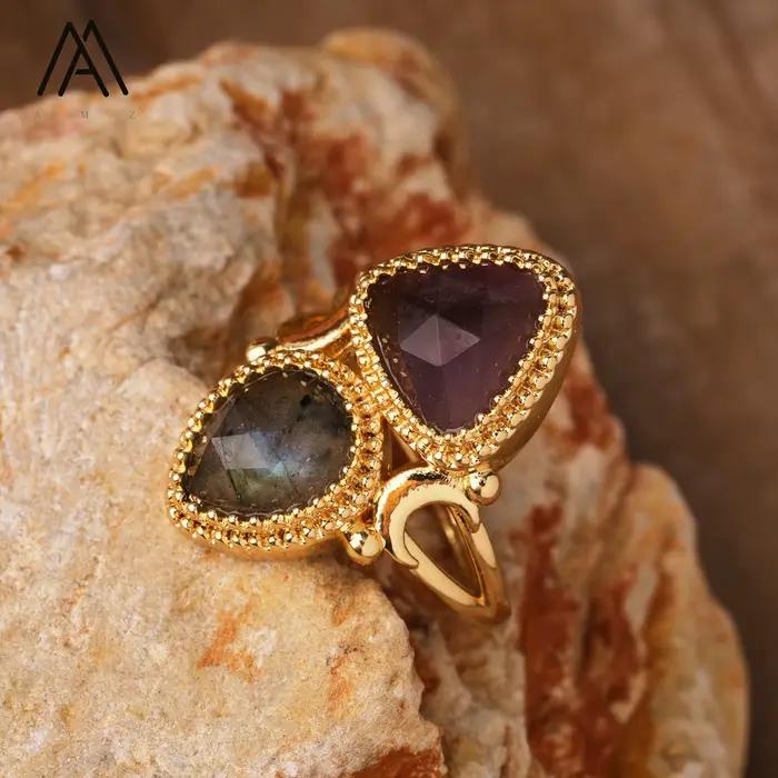 Bague réglable en forme de triangle avec pierres précieuses en cristal naturel, bijoux de mariage de créateur, alanding ysts