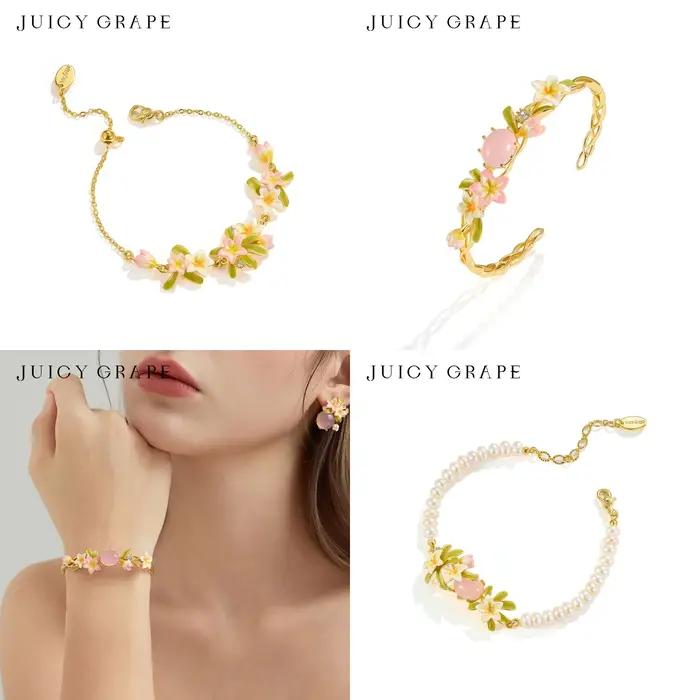 Bracelet ajustable en émail plaqué or 18 carats avec fleur de frangipanier et perle rose