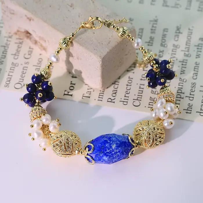 Bracelet de perles d'eau douce naturelles Lapis Lazuli, plaqué or 18 carats, Design de luxe Vintage,