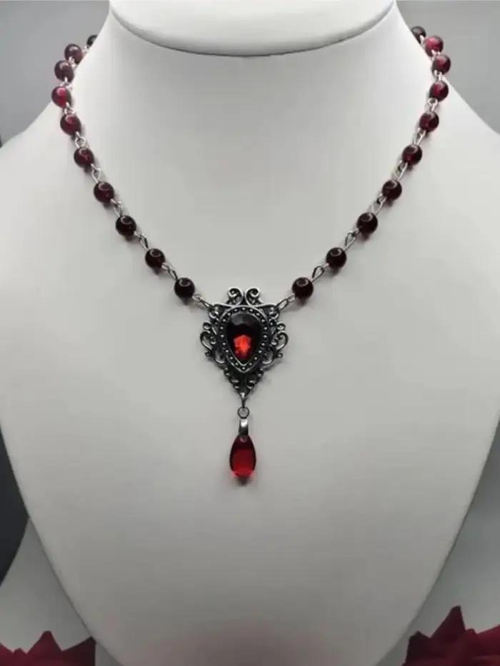 Victoria gothique argent couleur dentelle rouge goutte d'eau verre cristal pendentif perle chaîne collier pour femmes Rose sorcière bijoux cadeau
