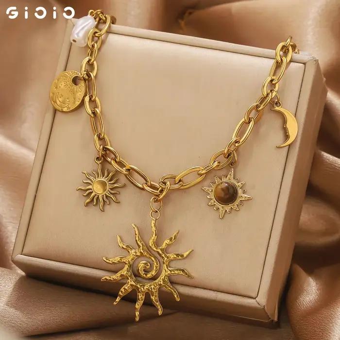 Jolivie – collier Vintage en acier inoxydable avec pendentif soleil en pierre naturelle pour femmes