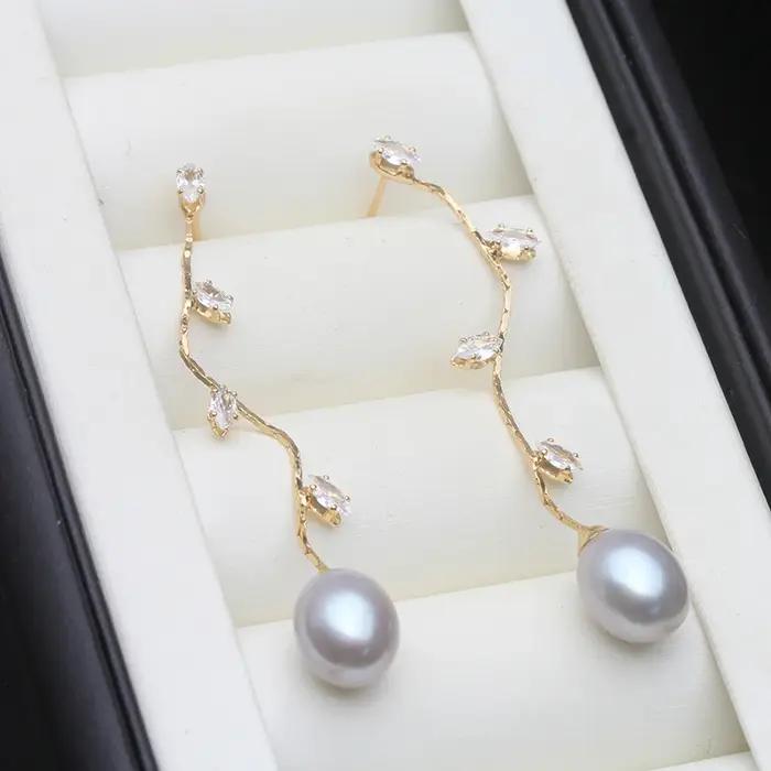 Boucles d'oreilles en perles d'eau douce cultivées plaquées or pour femmes, style classique, idéal pour les occasions spéciales, anniversaire, fête, blanc, rose, violet, gris, noir