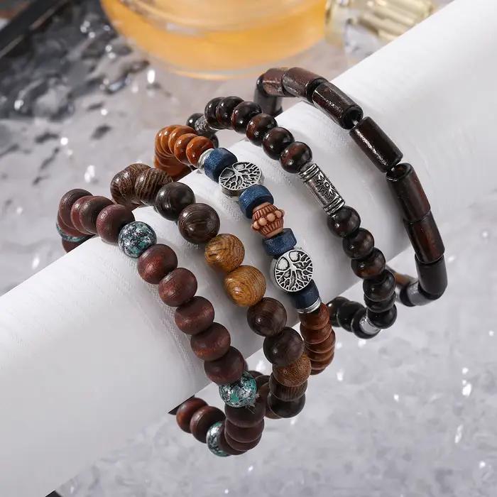 Bracelets multicouches en perles de bois pour hommes, style bohémien, rétro, arbre de vie, extensibles, Hip Hop, accessoires bijoux de fête