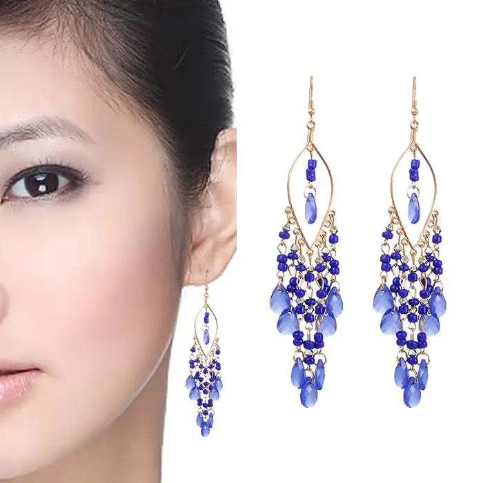 Boucles d'oreilles longues en perles de rocaille ethniques Boho pour femmes, pompon en cristal coloré, goutte d'eau, bijoux de fête à la mode pour filles