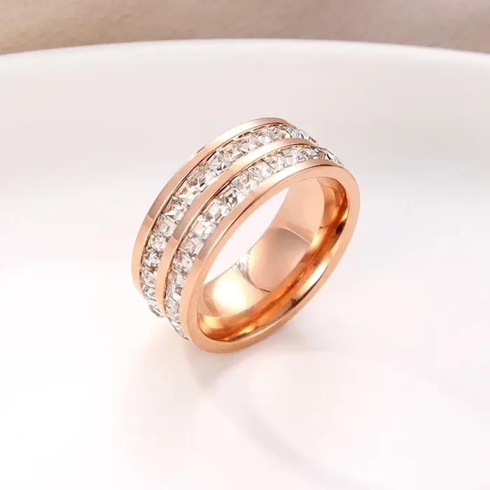 Bague de Luxe en Acier Inoxydable Or Rose Double Rangée Zircon Fiançailles Mariage Bijou Femme Occasions Spéciales
