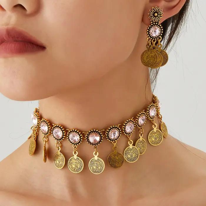 Bohème femmes gitane couleur or pièce gland collier boucle d'oreille femme mariée classique Vintage multicolore cristal bijoux de mariage