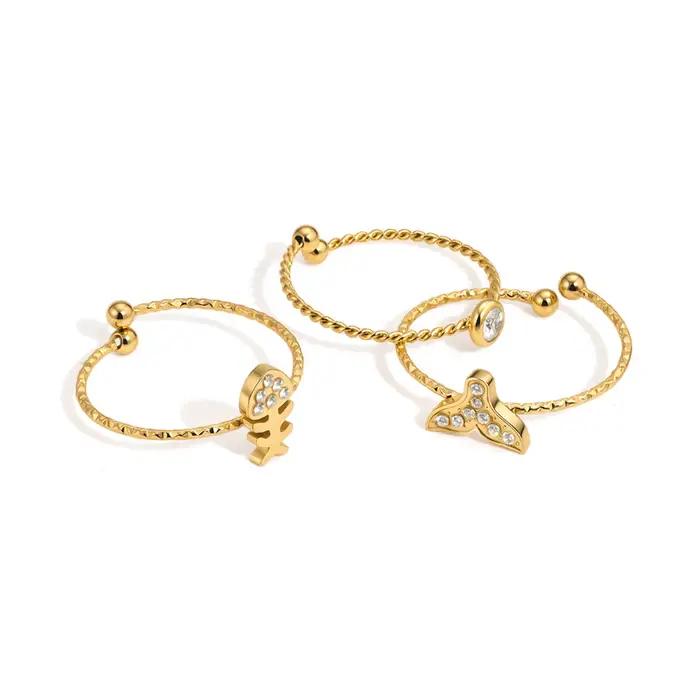 Ensemble de 3 bagues en acier inoxydable Ars plaqué or 18 carats, motif queue de poisson et arête de poisson, avec zircon, ajustables, pour femme